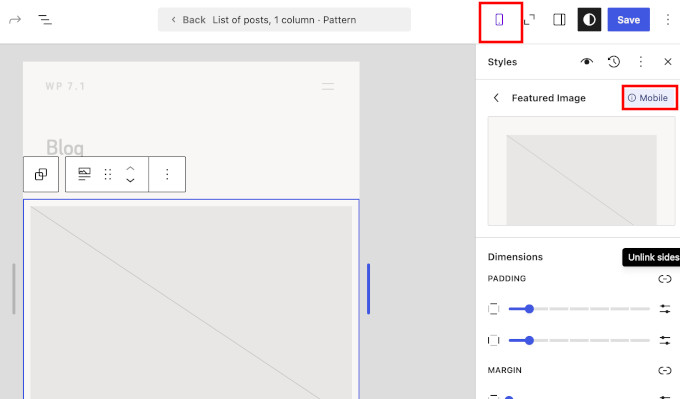 Responsive design and device indicators in site editor