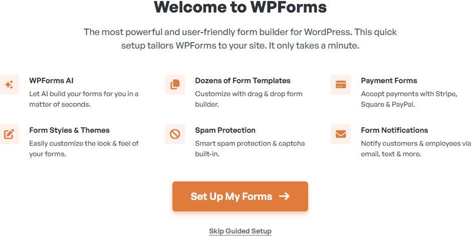 Screenshot showing a header that says Welcome to WPForms, some promotional text and a button with the words